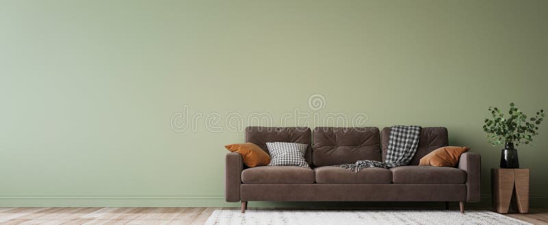 Enkel, modern, invändig brun sofa på grön väggbakgrund vektor illustrationer