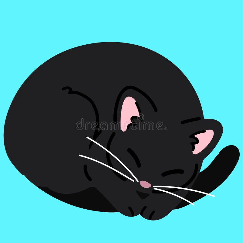 Enkel och beundransvärd svart katt som sover platt. Enkelt och snyggt handritat svart, sovande, platt katt.