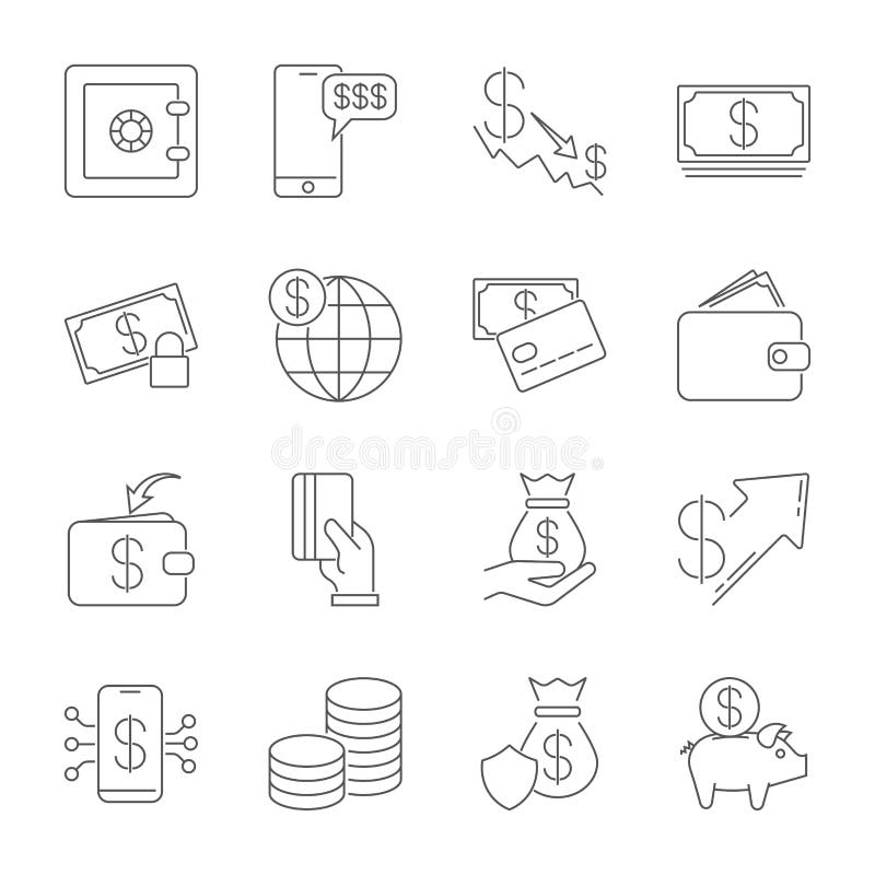 Enkel symbolsupps?ttning sl?kt pengar En upps?ttning av sexton symboler Tunn linje vektorsymbolsuppsättning - dollarmyntvektor, k stock illustrationer Enkel symbolsupps?ttning sl?kt pengar En upps?ttning av sexton symboler Tunn linje vektorsymbolsuppsättning - dollarmyntvektor, k stock illustrationer