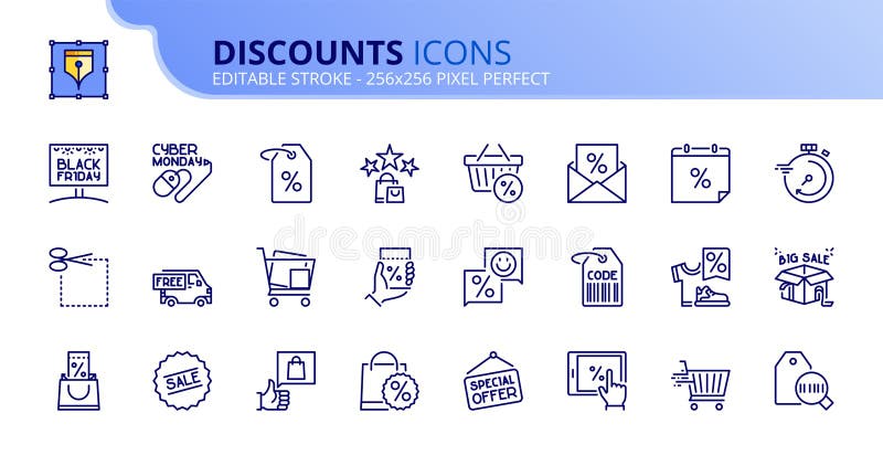 Simple set of outline icons about discounts. Editable stroke. Vector - 256x256 pixel perfect. Simple set of outline icons about discounts. Editable stroke. Vector - 256x256 pixel perfect