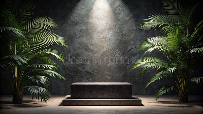 Enkelt förtjusande Stone Podium A Minimalist Display Platform for Luxurious Products against a Dramatic Plaster Wall. Upplev den underskattade elegansen med detta minimalistiska stenpodium. Ställd mot en texturerad plåstervägg som banats i dramatisk belysning ger upphov till en känsla av mysterium och intriger. Palmträdsskuggor kastar en fängslande ambians som tillför djup och dimension till den modiga atmosfären. I strålkastarljuset framhävs den utjämnade naturliga stenytan som är perfekt för att visa en