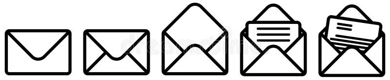 Enkelt kuverttecken, stängt, öppnat och med dokumentversion Kan användas som post-/emailsymbol