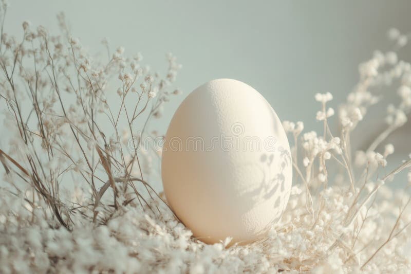 Enkelt vitt ägg som vilar på en bädd av små vita blommor stock illustrationer