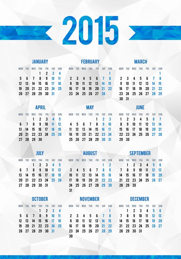 Enkelt 2015 år europeiskt kalenderraster royaltyfri illustrationer Enkelt 2015 år europeiskt kalenderraster royaltyfri illustrationer
