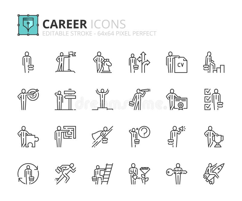 Outline icons about career. Business concepts. Contains such icons as businessman, strategy, motivation, success, opportunities, target and goal. Editable stroke Vector 64x64 pixel perfect. Outline icons about career. Business concepts. Contains such icons as businessman, strategy, motivation, success, opportunities, target and goal. Editable stroke Vector 64x64 pixel perfect