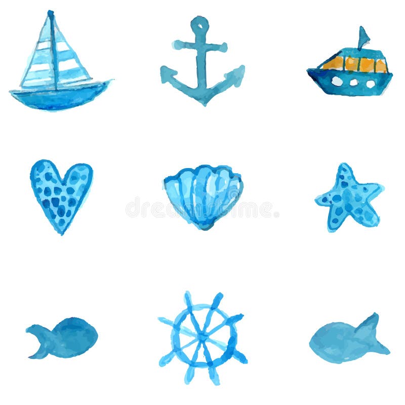 Enkla nautiska vattenfärgsymboler: ankra, sänd, stjärnafisken och skalet Vektorillustrationer som isoleras på vit bakgrund vektor illustrationer Enkla nautiska vattenfärgsymboler: ankra, sänd, stjärnafisken och skalet Vektorillustrationer som isoleras på vit bakgrund vektor illustrationer