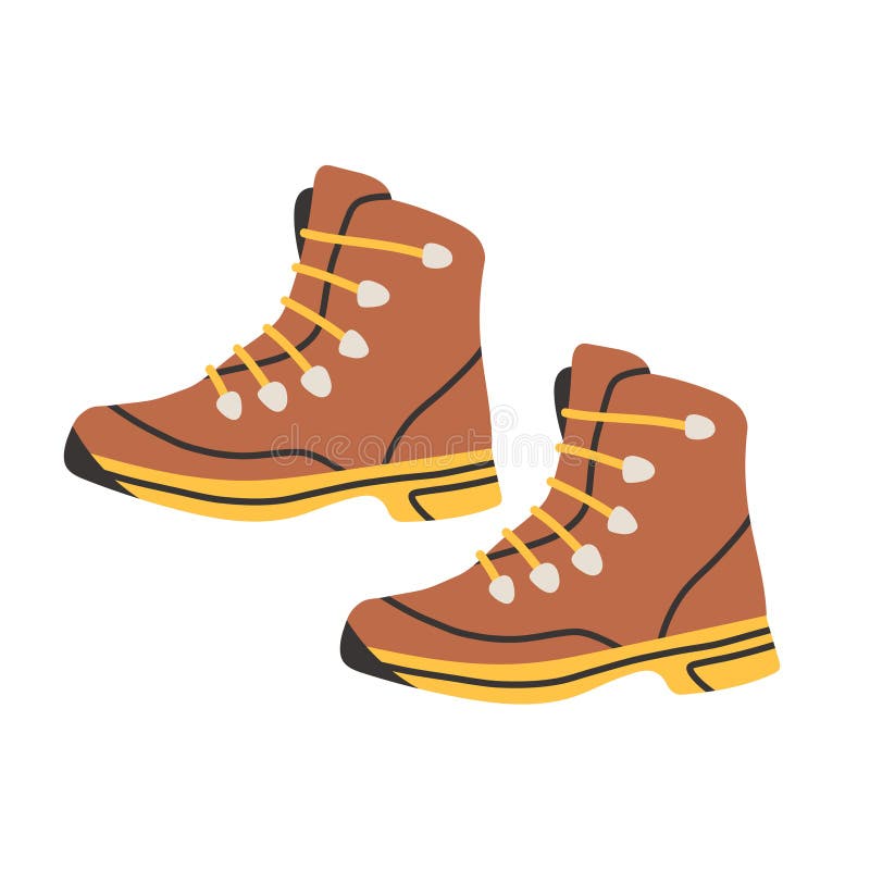 Enkla stövlar. Manuellt ritad vektorillustration av gula och bruna resskor för turism och camping. Flat vektor illustrationer