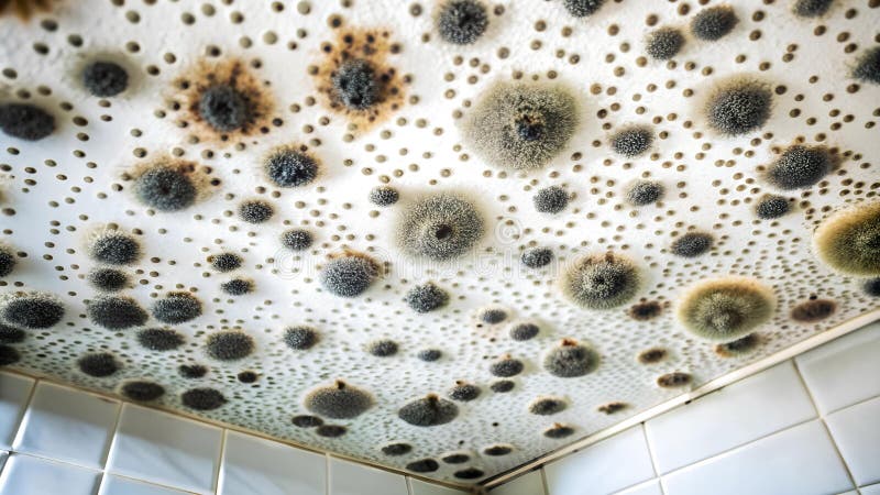 Ennemi invisible : le monde microscopique de la moisissure noire sur un plafond de salle de bain illustration stock