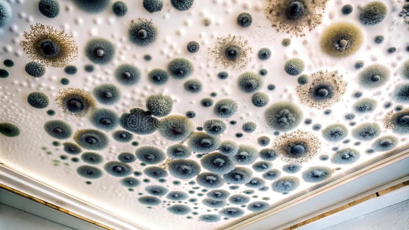Ennemi invisible : le monde microscopique de la moisissure noire sur un plafond de salle de bain illustration stock