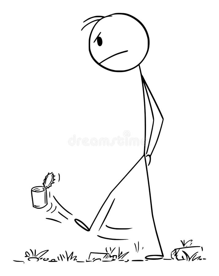 Enojado frustrado hombre caminando y pateando el vector de basura dibujo gráfico palo ilustración ilustración del vector
