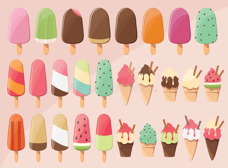 Enorme Sammlung von 28 köstlichem glattem geschmackvollem Eiscremeeis am stiel, -schaufeln und -kegeln