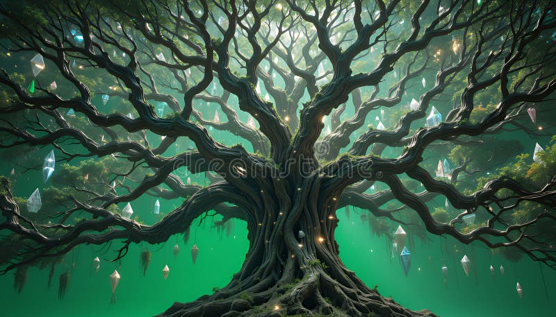 Luminous Pixelated Ancient Tree in Green Mystical Realm vector illustration
