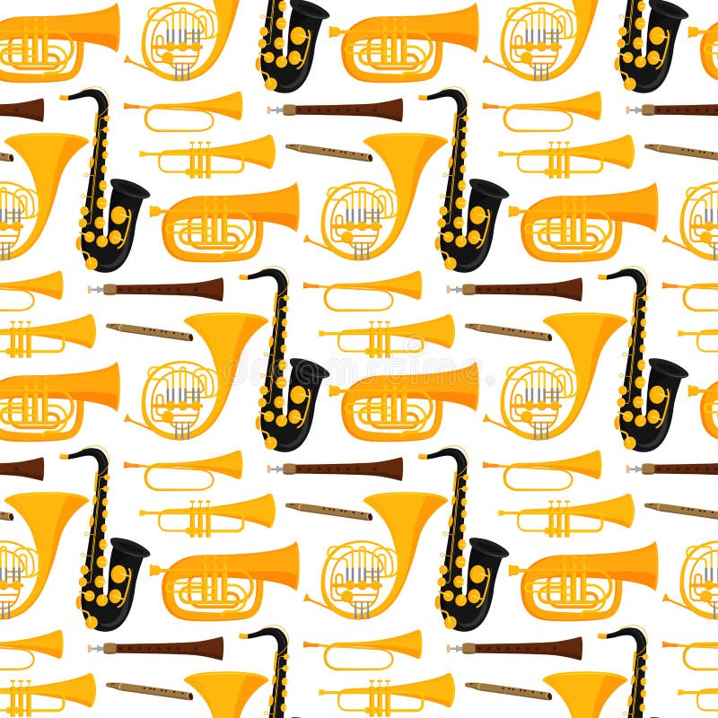 Musical wind instruments blow blare studio acoustic and shiny musician equipment orchestra trumpet vector illustration. Sound metal woodwind tool seamless pattern background. Musical wind instruments blow blare studio acoustic and shiny musician equipment orchestra trumpet vector illustration. Sound metal woodwind tool seamless pattern background.