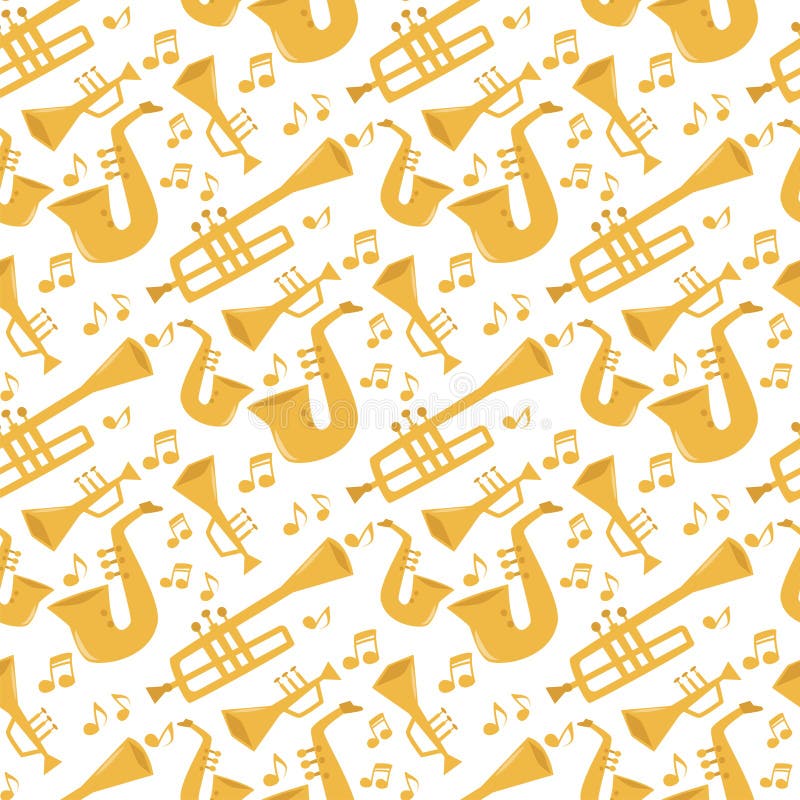 Musical wind instruments blow blare studio acoustic and shiny musician equipment orchestra trumpet vector illustration. Sound metal woodwind tool seamless pattern background. Musical wind instruments blow blare studio acoustic and shiny musician equipment orchestra trumpet vector illustration. Sound metal woodwind tool seamless pattern background.