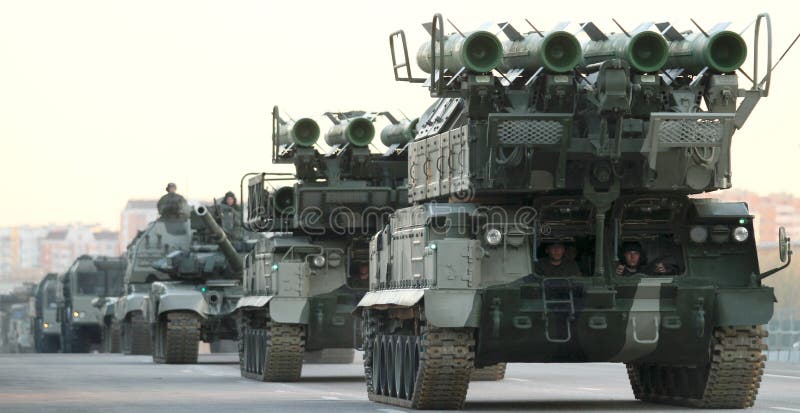 Russian army military vehicles in downtown Moscow, during a rehearsal for the Victory Day military parade which will take place at Moscow's Red Square March 9 in Moscow, Russia. Russian army military vehicles in downtown Moscow, during a rehearsal for the Victory Day military parade which will take place at Moscow's Red Square March 9 in Moscow, Russia.