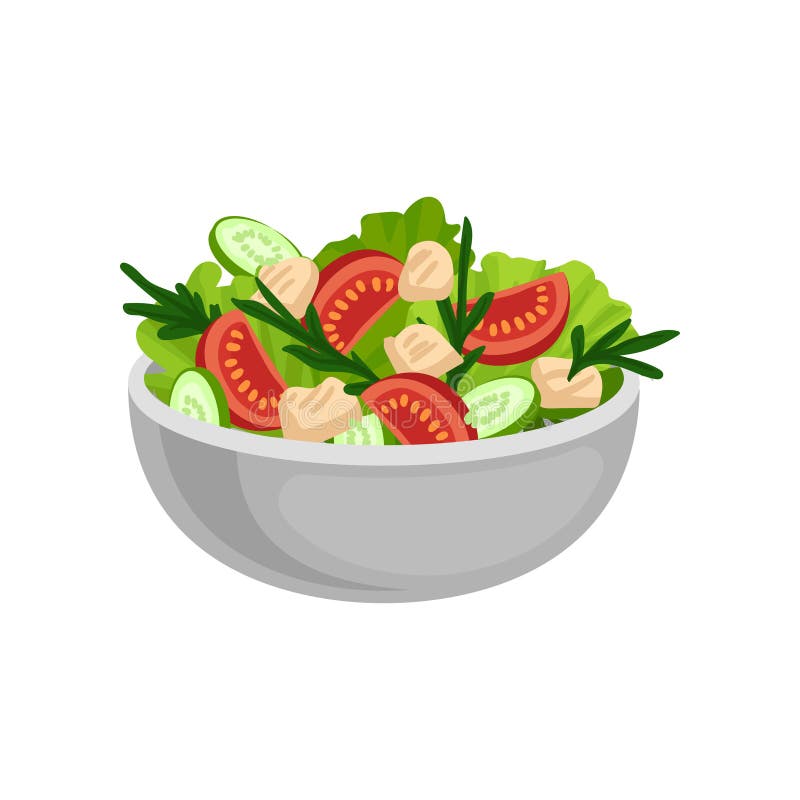Ensalada apetitosa en cuenco de cerámica grande Consumición sabrosa y sana Comida deliciosa para la cena Diseño plano del vector ilustración del vector Ensalada apetitosa en cuenco de cerámica grande Consumición sabrosa y sana Comida deliciosa para la cena Diseño plano del vector ilustración del vector
