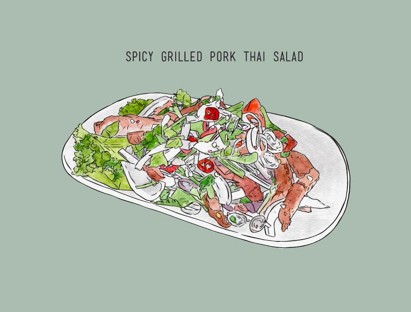 Ensalada asada a la parrilla picante del cerdo, comida tailandesa color de agua dibujado mano SK ilustración del vector Ensalada asada a la parrilla picante del cerdo, comida tailandesa color de agua dibujado mano SK ilustración del vector