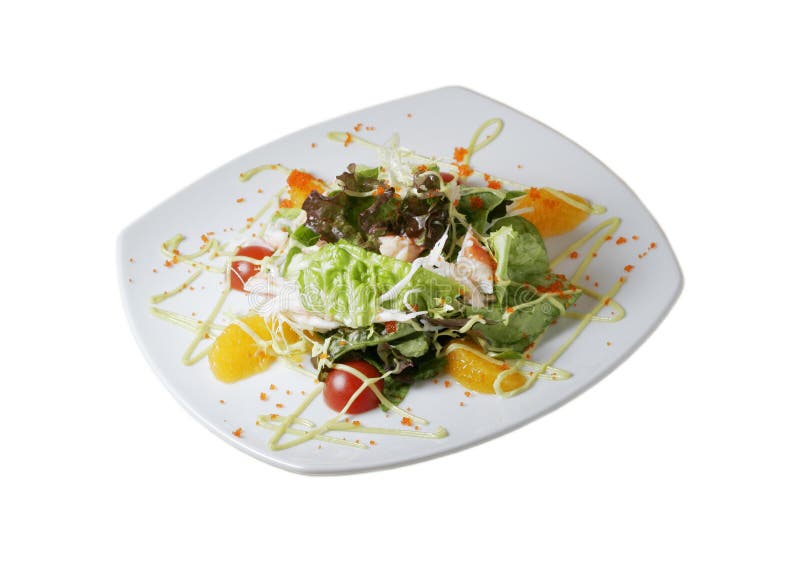 Sophisticated salad with mandarin segments and caviar over white background. Sophisticated salad with mandarin segments and caviar over white background