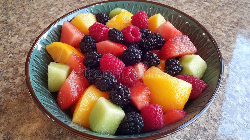 Ensalada de fruta fresca en cuenco sandía frambuesas moras de color naranja ilustración del vector