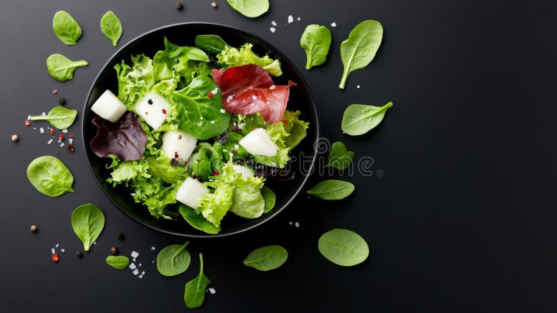 Ensalada de hojas verdes mezcladas y frescas con radicchio y melón sobre fondo negro libre illustration
