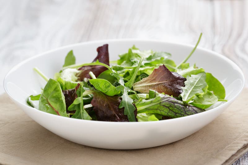 Ensalada de la mezcla de Mesclun en el cuenco blanco foto de archivo libre de regalías Ensalada de la mezcla de Mesclun en el cuenco blanco foto de archivo libre de regalías