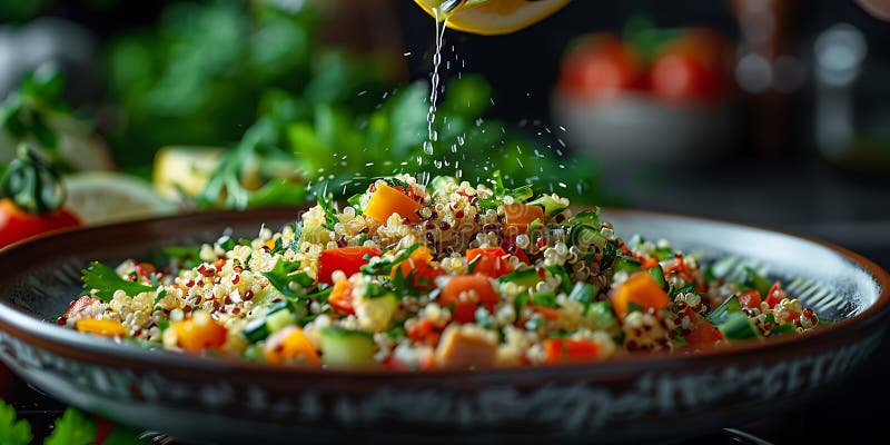 Ensalada de quinua recién preparada con verduras y zumo de limón. Una ensalada saludable y deliciosa hecha con verduras mixtas de quinua y un refrescante zumo de limón perfecto para un almuerzo o una cena nutritivos. generado por ai