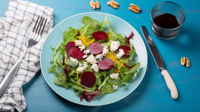 Ensalada de remolacha y queso de arugula con radicchio fresco y nueces en el plato con tenedor. ai generativo ilustración del vector