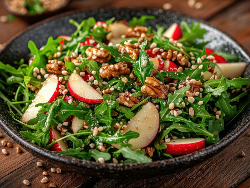 Ensalada deliciosa de manzana y nuez sobre fondo de madera de plato oscuro stock de ilustración