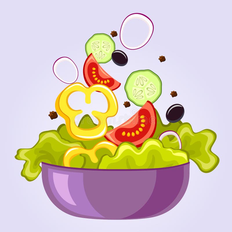 Ensalada fresca con lechuga, el tomate, la aceituna negra, el pepino, la pimienta y la cebolla Comida del vegano ilustración del vector