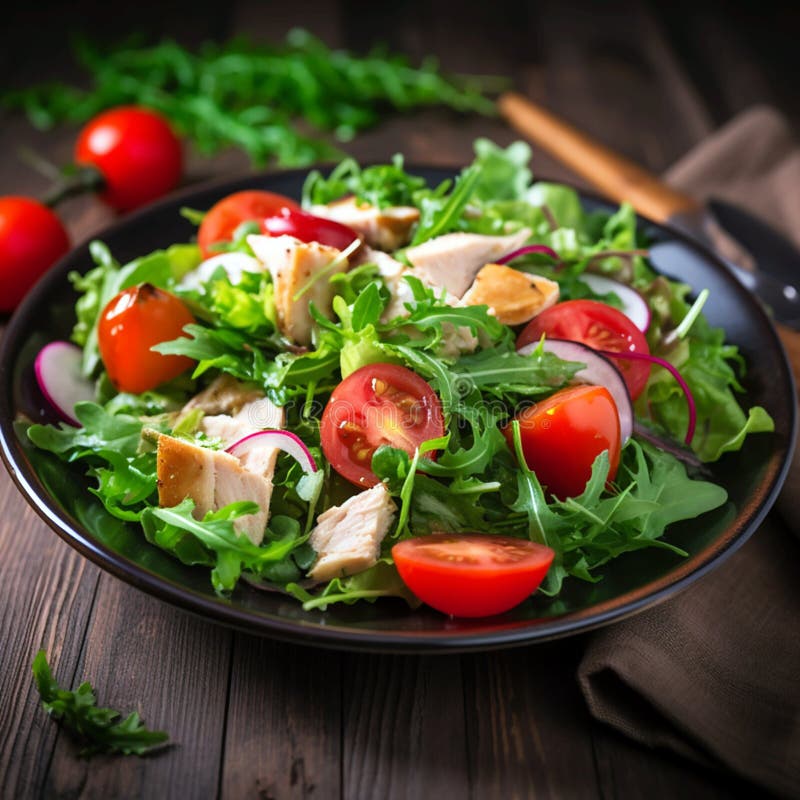 Ensalada fresca con tomates de pollo y verduras mezcladas 2 ilustración del vector