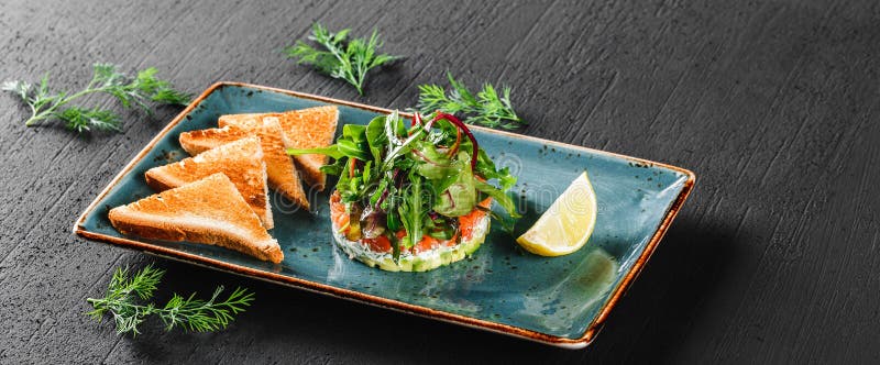 Ensalada fresca sana con el aguacate, los salmones, los verdes, arugula, espinaca y queso con la tostada en placa sobre fondo osc imagenes de archivo Ensalada fresca sana con el aguacate, los salmones, los verdes, arugula, espinaca y queso con la tostada en placa sobre fondo osc imagenes de archivo