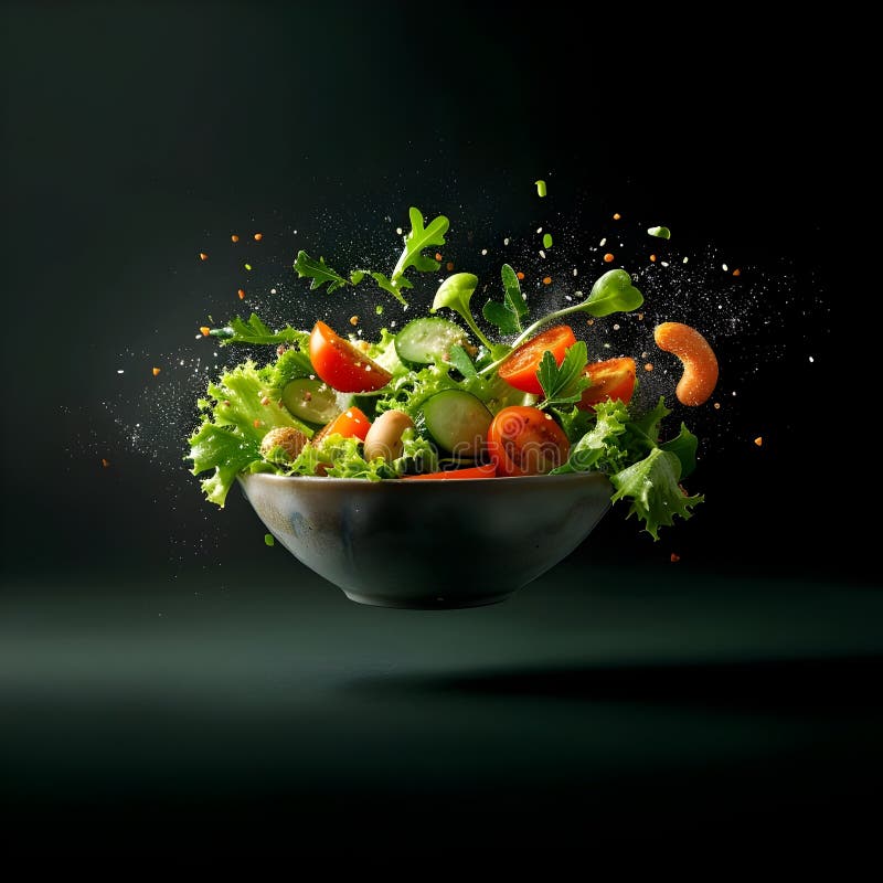 Ensalada fresca vibrante con salpicaduras de verduras en un fondo oscuro ilustración del vector
