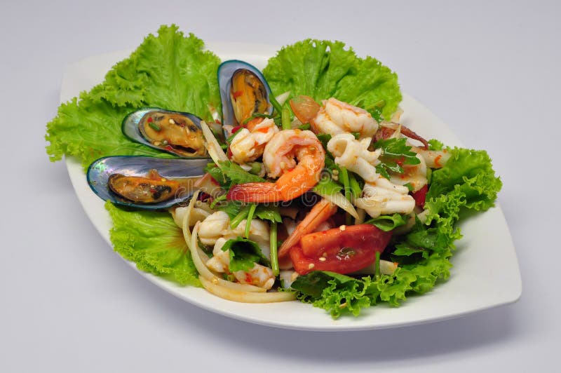 Ensalada mezclada picante Yum Talay de los mariscos en la placa blanca fotos de archivo libres de regalías Ensalada mezclada picante Yum Talay de los mariscos en la placa blanca fotos de archivo libres de regalías