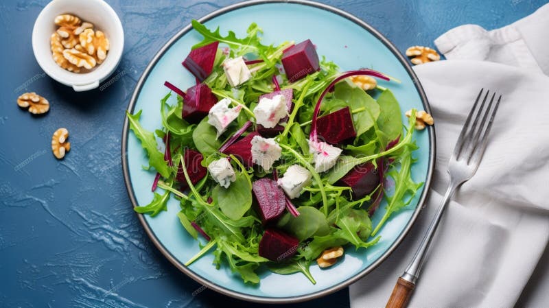 Ensalada remolacha de queso cabra de verano gourmet tofu arugula radicchio nogal mezcla de frutos de nuez stock de ilustración