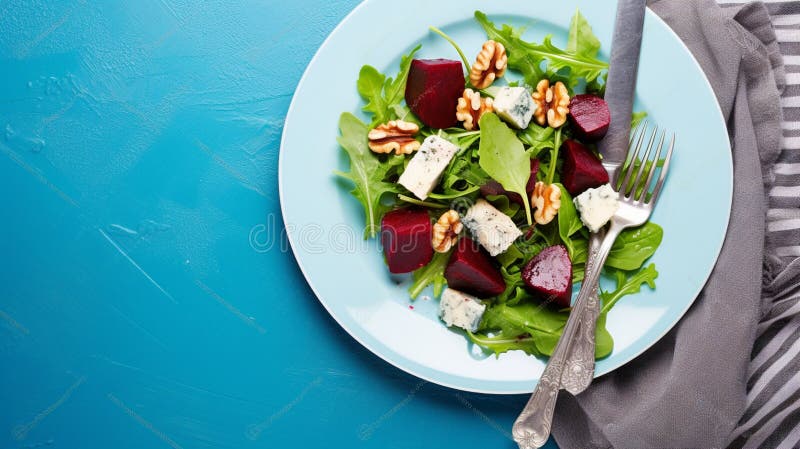 Ensalada remolacha de queso cabra de verano gourmet tofu arugula radicchio nogal mezcla de frutos de nuez libre illustration