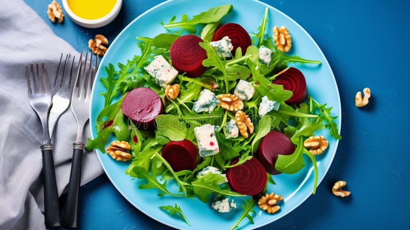 Ensalada remolacha de queso cabra de verano gourmet tofu arugula radicchio nogal mezcla de frutos de nuez ilustración del vector