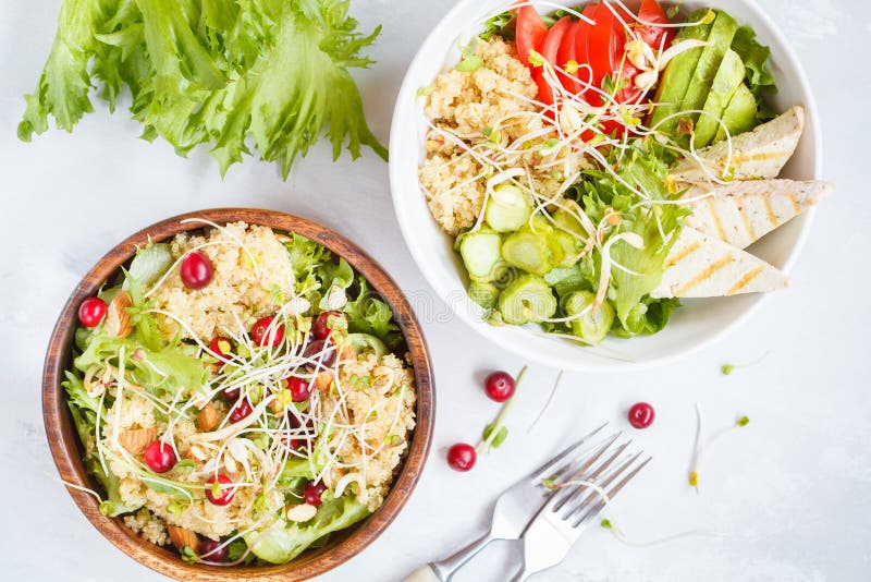Ensaladas con la quinoa y las verduras imagen de archivo Ensaladas con la quinoa y las verduras imagen de archivo