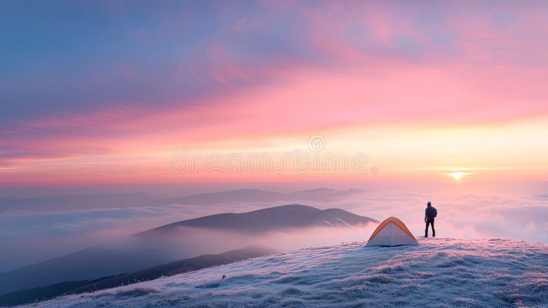 Ensam hiker och tält som beundrar stora bergssoluppgång i den sceniska vildmarken royaltyfri foto