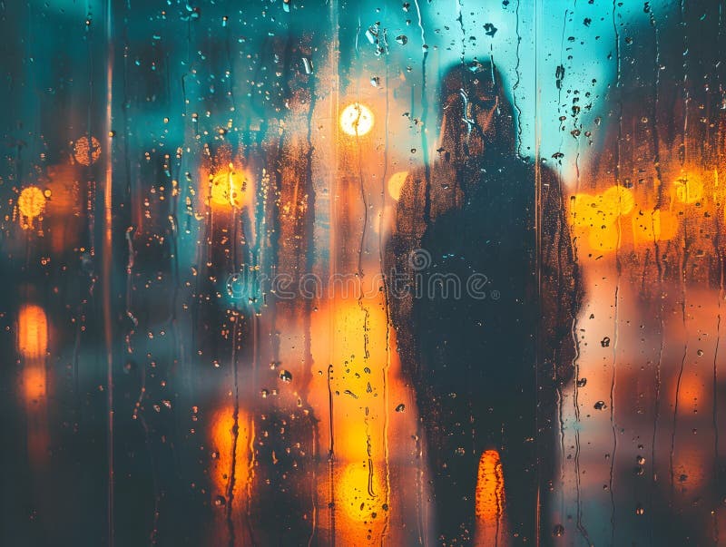 Ensam silhuett som tittar på regn som kaskar ned moody fönsterruta i atmosfäriska stadsnitar royaltyfri illustrationer