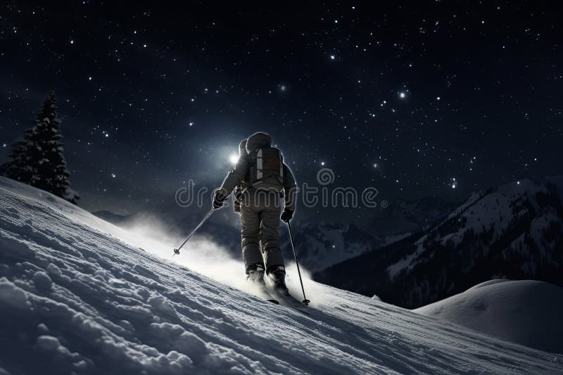 Solitary skier hikes up a snowy slope in the serene night, stars twinkle above in the quiet wilderness AI generated. Solitary skier hikes up a snowy slope in the serene night, stars twinkle above in the quiet wilderness AI generated