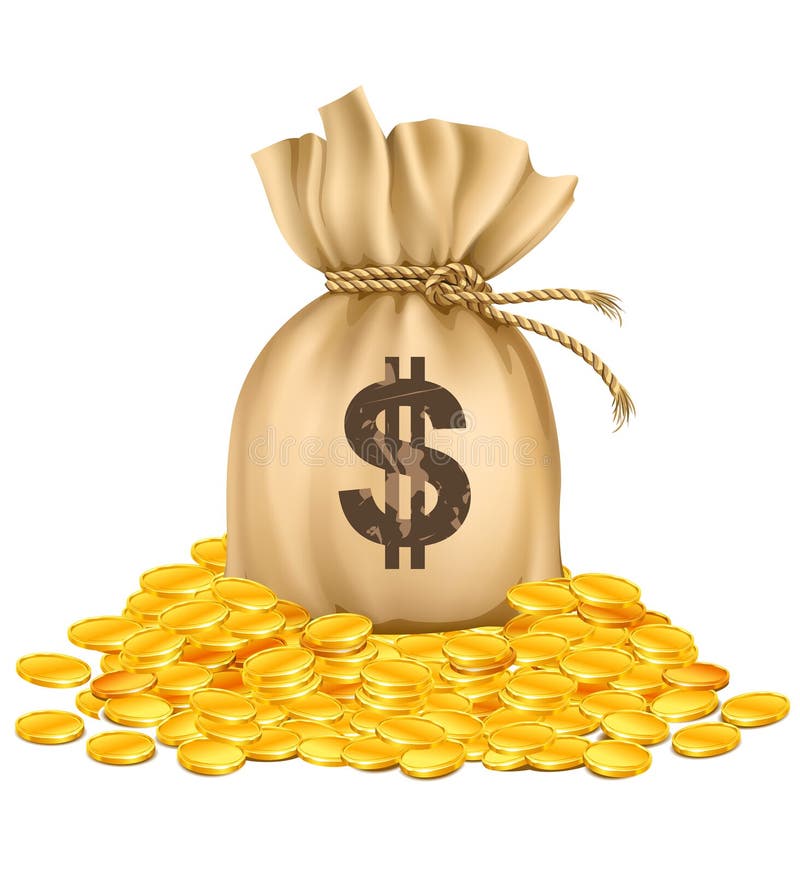 Ensaque com dinheiro dos dólares na pilha de moedas douradas
