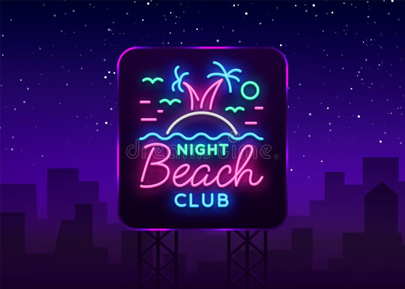 Enseigne au néon de boîte de nuit de plage Logo dans le style au néon, symbole, calibre de conception pour la boîte de nuit, la p illustration stock Enseigne au néon de boîte de nuit de plage Logo dans le style au néon, symbole, calibre de conception pour la boîte de nuit, la p illustration stock
