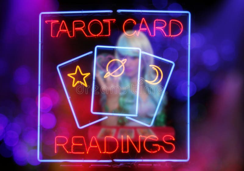 Tarot Card Readings Neon Sign in Window with Psychic Tarot Card Reader blurred in background. Tarot Card Readings Neon Sign in Window with Psychic Tarot Card Reader blurred in background