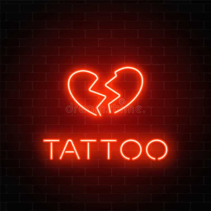 Enseigne au néon rougeoyante de salon de tatouage avec l'emblème Logo rougeoyant du coeur brisé sur un fond de mur de briques illustration libre de droits Enseigne au néon rougeoyante de salon de tatouage avec l'emblème Logo rougeoyant du coeur brisé sur un fond de mur de briques illustration libre de droits