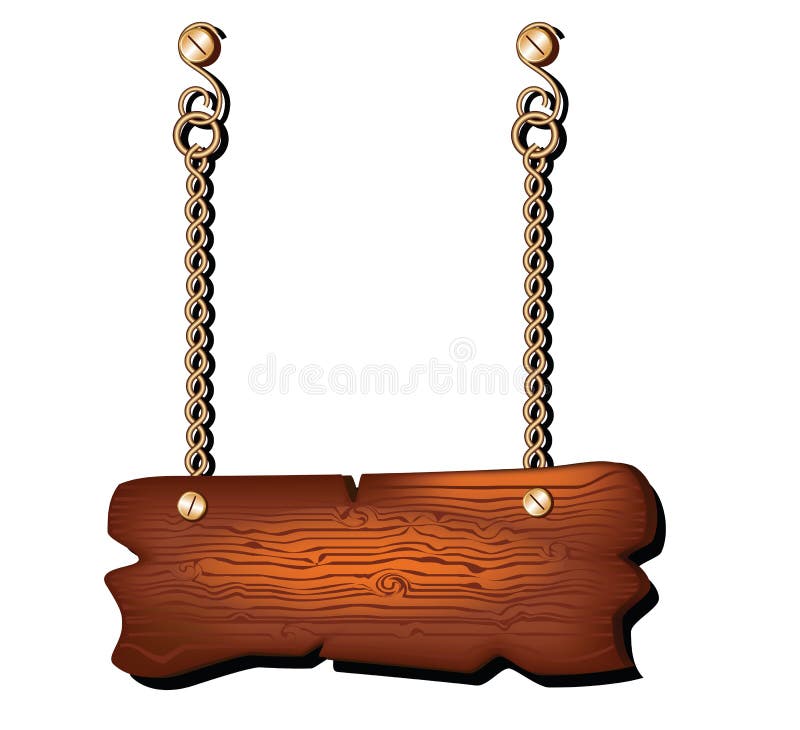 Enseigne en bois vide accrochant sur la chaîne d'isolement illustration libre de droits Enseigne en bois vide accrochant sur la chaîne d'isolement illustration libre de droits
