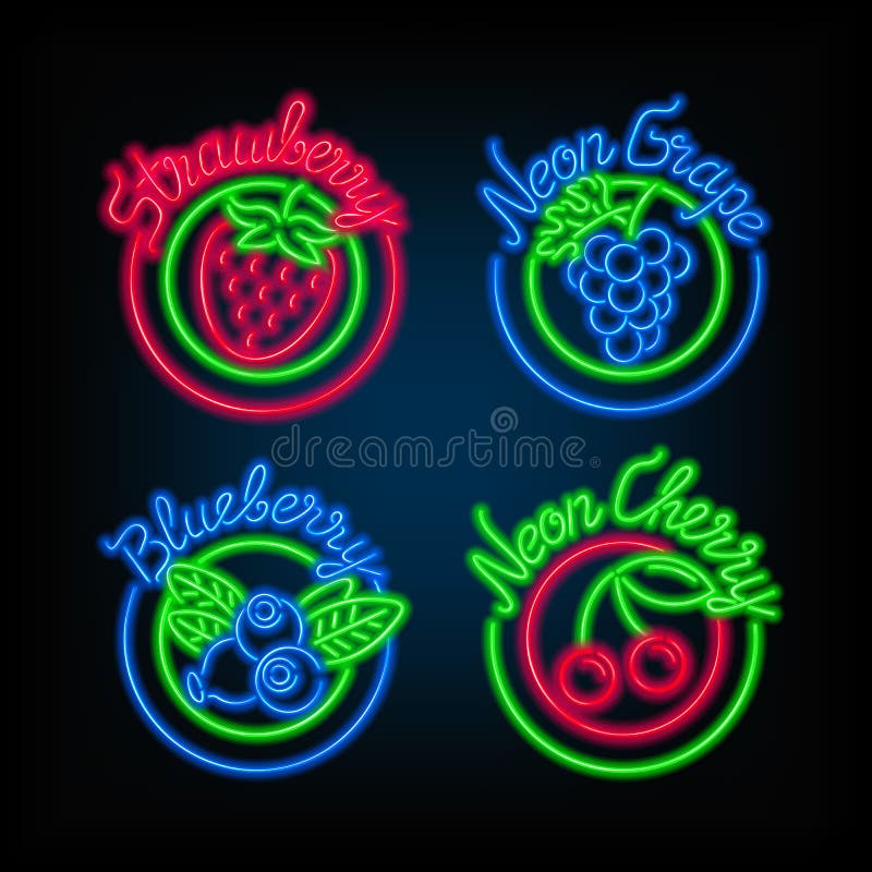 Enseignes au néon L'ensemble d'enseigne lumineuse différente avec le fruit illustration libre de droits Enseignes au néon L'ensemble d'enseigne lumineuse différente avec le fruit illustration libre de droits
