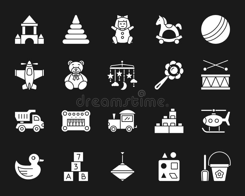 Baby toys silhouette icons set. Isolated web sign kit of children play. Kids Game monochrome pictogram collection includes doll, cubes, castle. Simple white contour symbol. Baby toy vector Icon shape. Baby toys silhouette icons set. Isolated web sign kit of children play. Kids Game monochrome pictogram collection includes doll, cubes, castle. Simple white contour symbol. Baby toy vector Icon shape