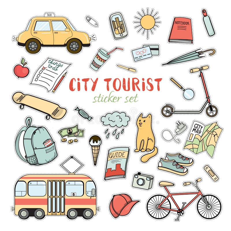 City life colorful sticker set of hand drawn doodles, vector illustration isolated on white background. Urban tourist necessities, city transport, tourist atributes. City life colorful sticker set of hand drawn doodles, vector illustration isolated on white background. Urban tourist necessities, city transport, tourist atributes