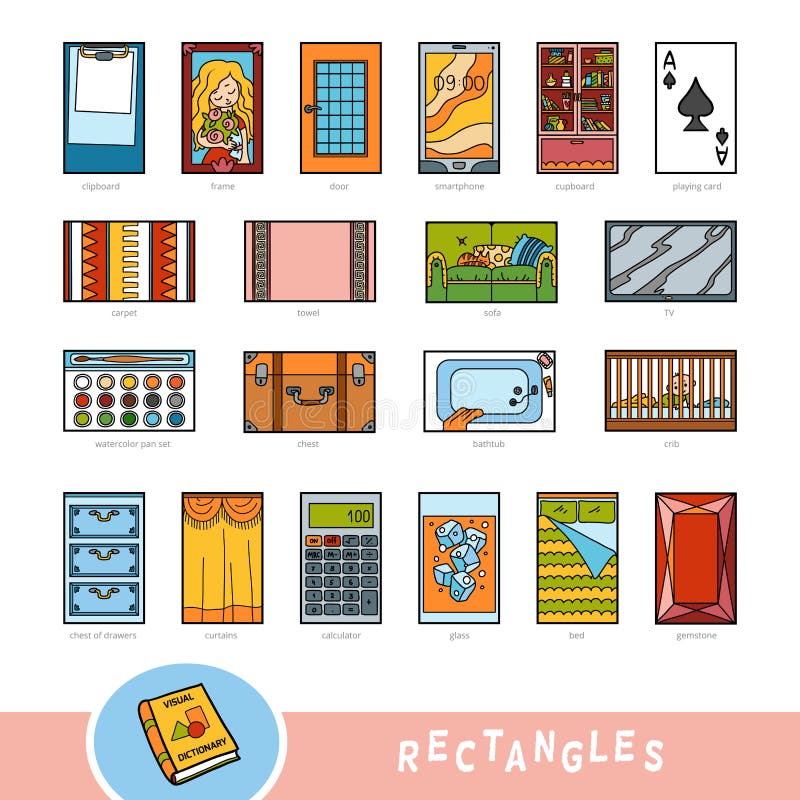 Colorful set of rectangle shape objects. Visual dictionary for children about geometric shapes. Education set for studying geometry. Colorful set of rectangle shape objects. Visual dictionary for children about geometric shapes. Education set for studying geometry.