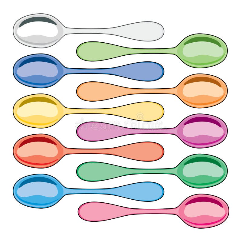 Colorful set of metal and plastic dining spoons on white background. dinner spoon symbol. vector. Colorful set of metal and plastic dining spoons on white background. dinner spoon symbol. vector